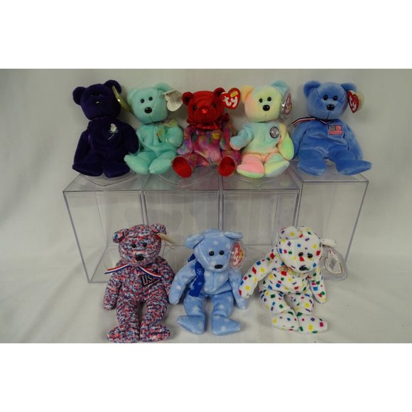 8 Ty Beanie Babies w/ 4 Display Cases Ariel Ice Blue...
